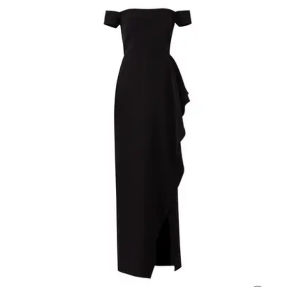 JS COLLECTION Black Off Shoulder Split Cascade Gown Size 6. Classic Glamour. - Picture 4 of 17